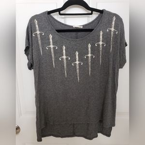 Stretchy Gray Hi Low Tee With Swords